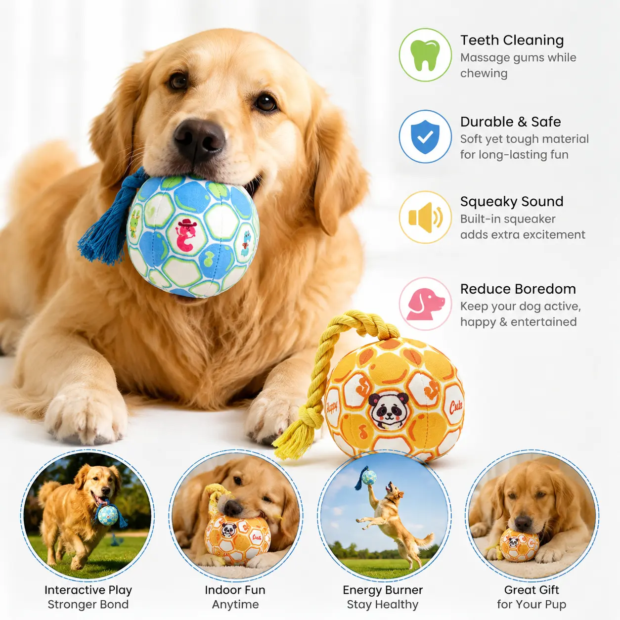 Squeaky Plush Rope Ball Dog Toy with Built-In Bell