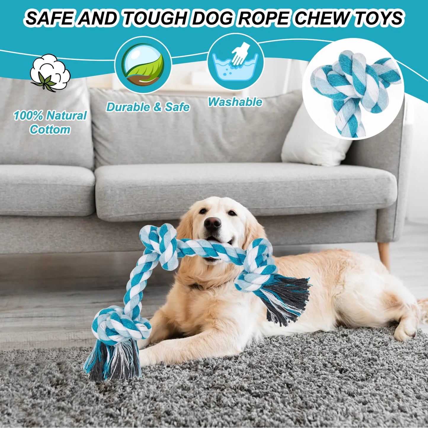 3-Knot Braided Cotton Dog Chew Rope for Teeth Cleaning