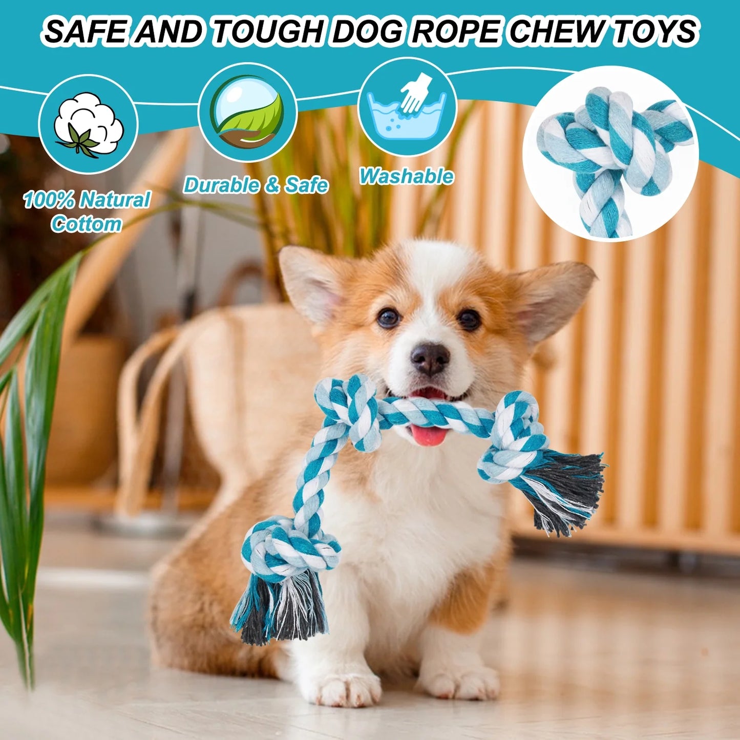 3-Knot Braided Cotton Dog Chew Rope for Teeth Cleaning
