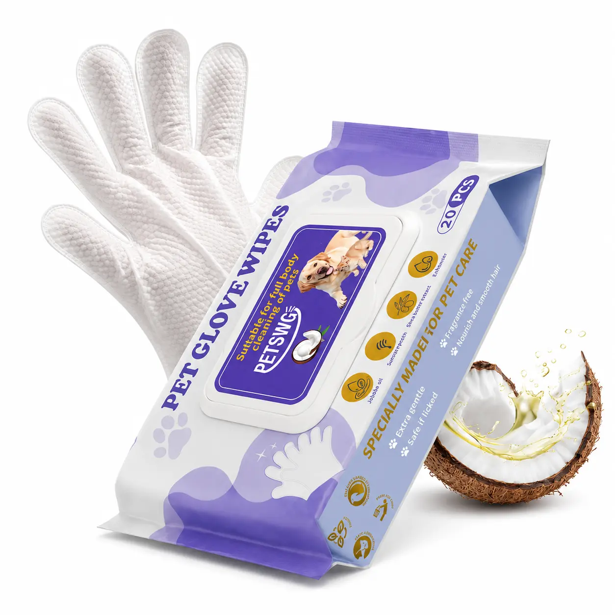 Hypoallergenic Waterless Bathing Wipes for Dogs & Cats (20 Pcs)