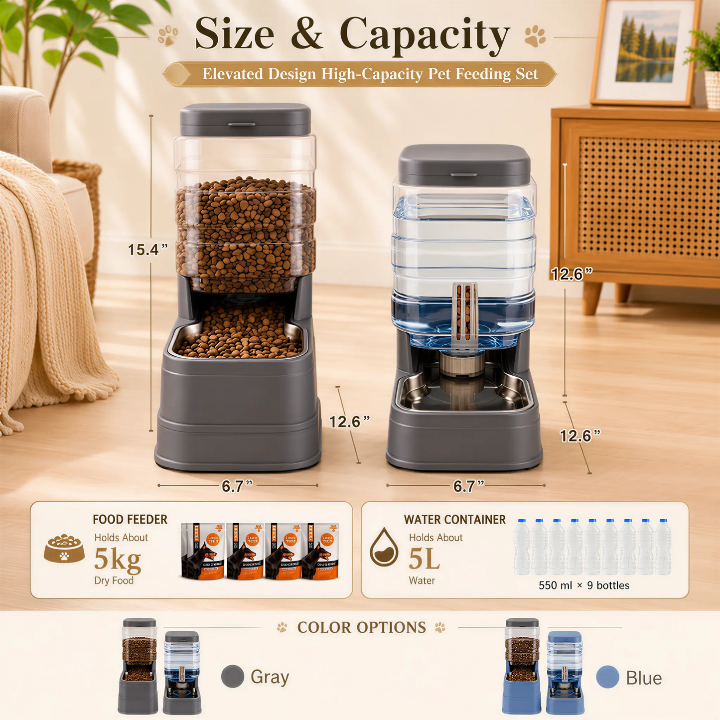 Kacoomi 2-in-1 Gravity Food & Water Dispenser Set with Stainless Steel Bowls