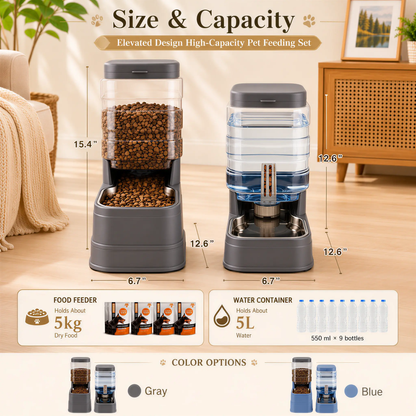 Kacoomi 2-in-1 Gravity Food & Water Dispenser Set with Stainless Steel Bowls