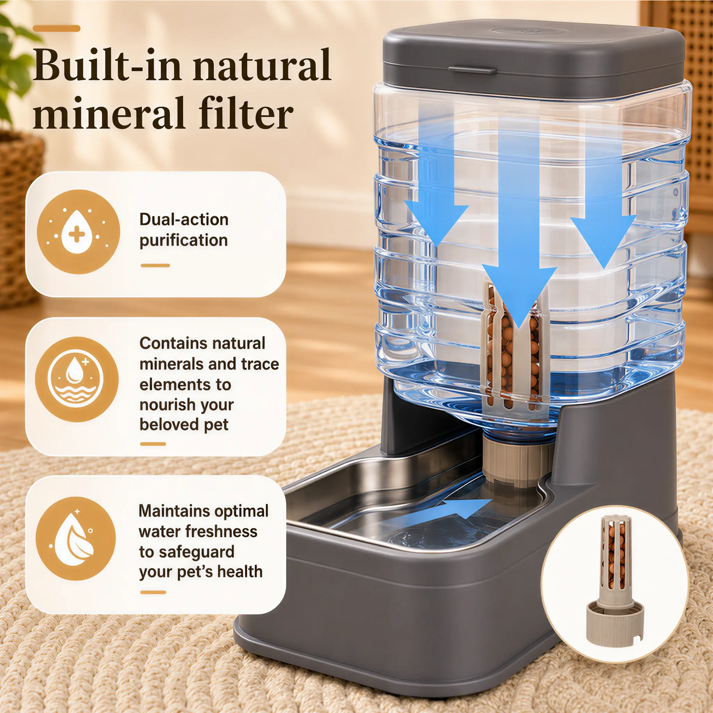 Kacoomi 2-in-1 Gravity Food & Water Dispenser Set with Stainless Steel Bowls