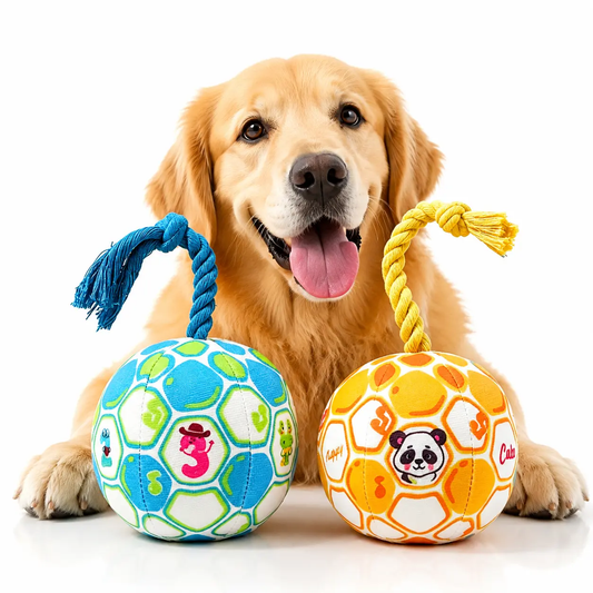 Squeaky Plush Rope Ball Dog Toy with Built-In Bell