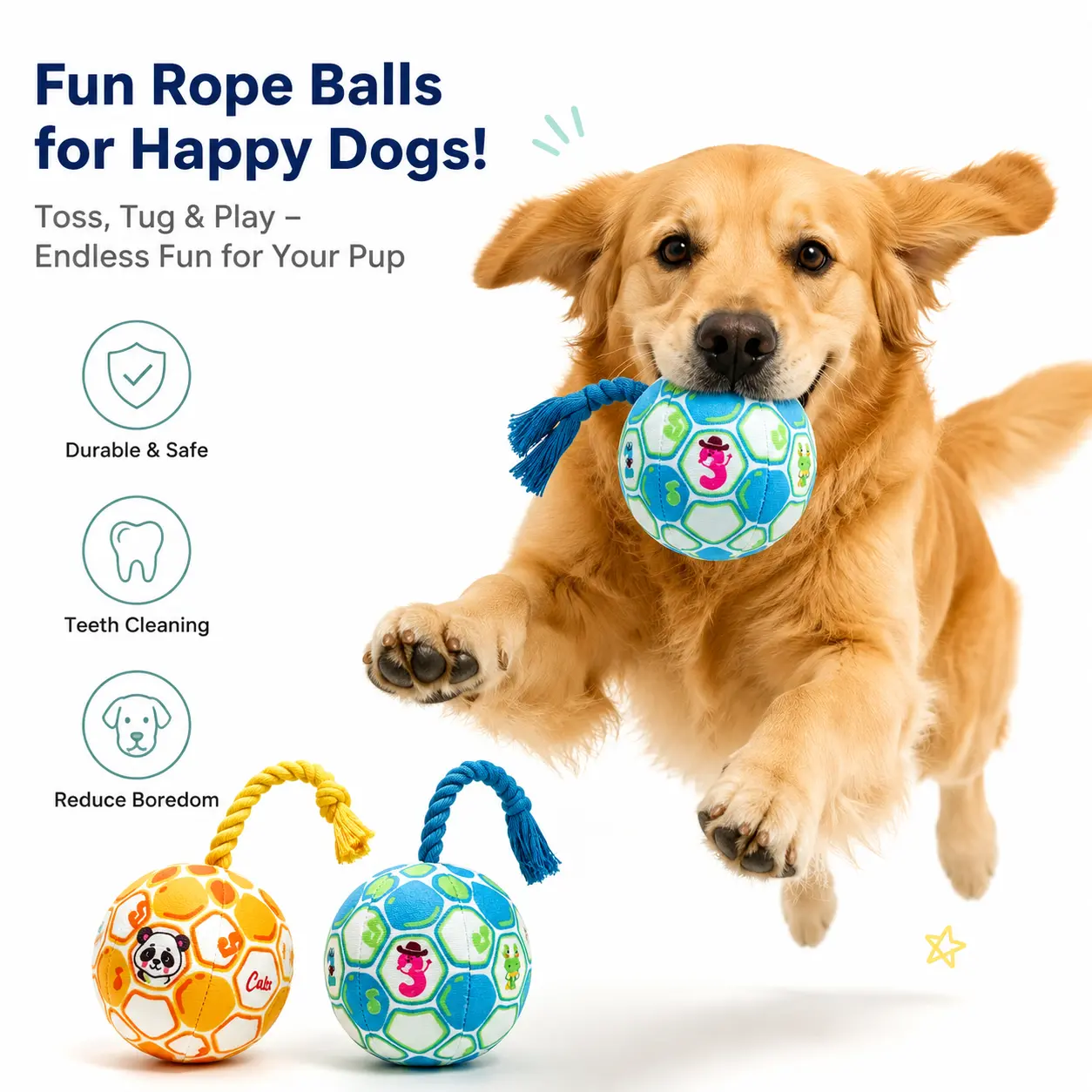 Squeaky Plush Rope Ball Dog Toy with Built-In Bell