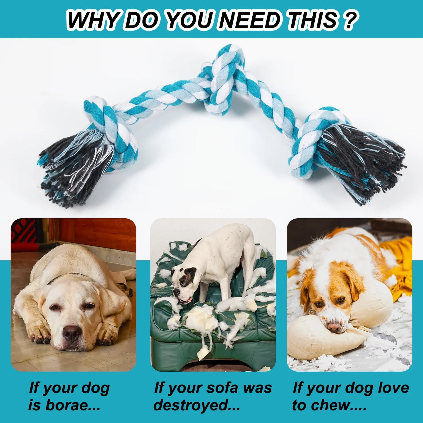 3-Knot Braided Cotton Dog Chew Rope for Teeth Cleaning
