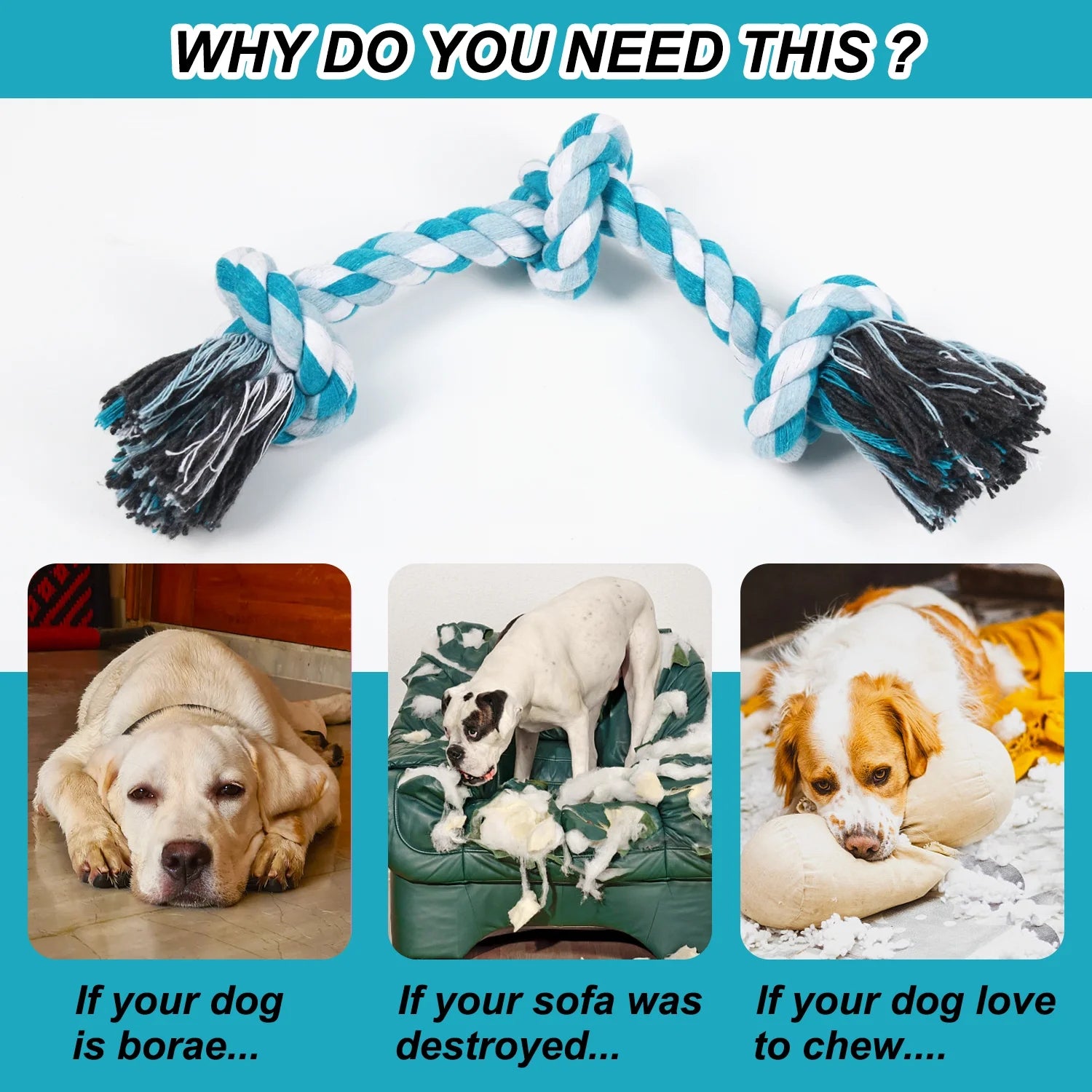 3-Knot Braided Cotton Dog Chew Rope for Teeth Cleaning