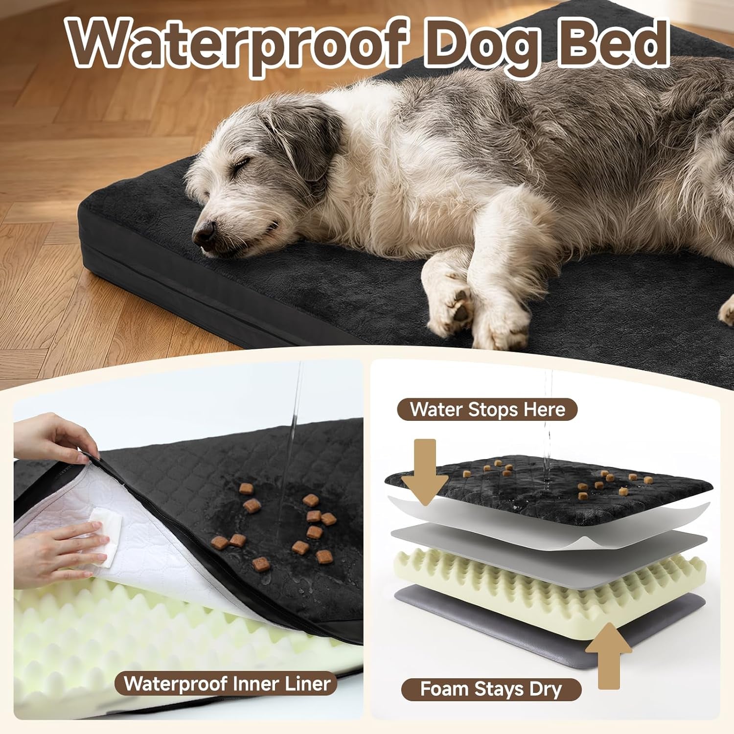 Waterproof Dog Bed for Crate, Reversible Kennel Beds, 23" X 17", Black | Waterproof Linner, Quick-Absorb Top, Wipeable & Anti-Slip Vegan Leather, Machine-Washable Cover, for Small Dogs, Black