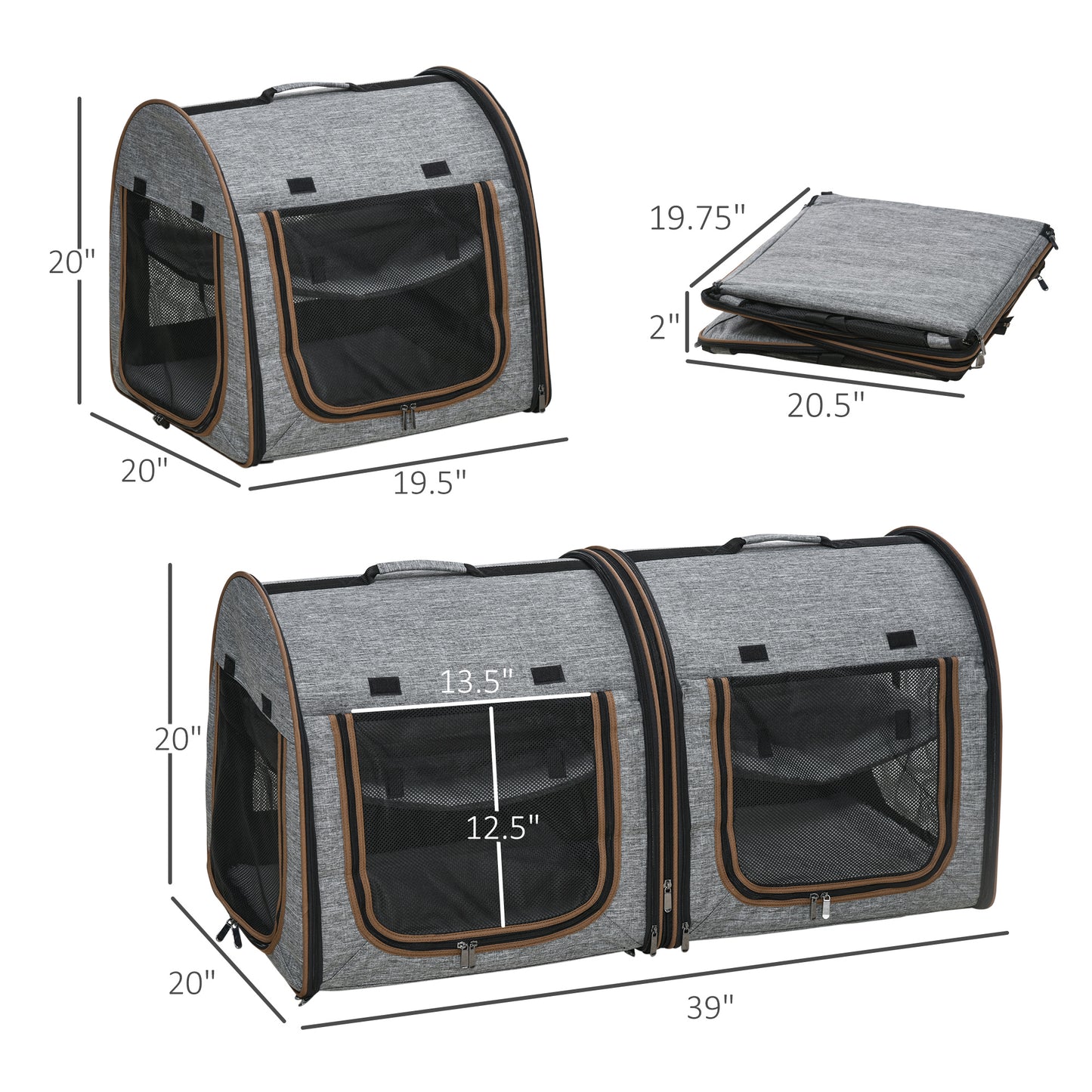 Portable Soft-Sided Dual Compartment Pet Carrier (Grey)