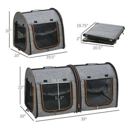 Portable Soft-Sided Dual Compartment Pet Carrier (Grey)